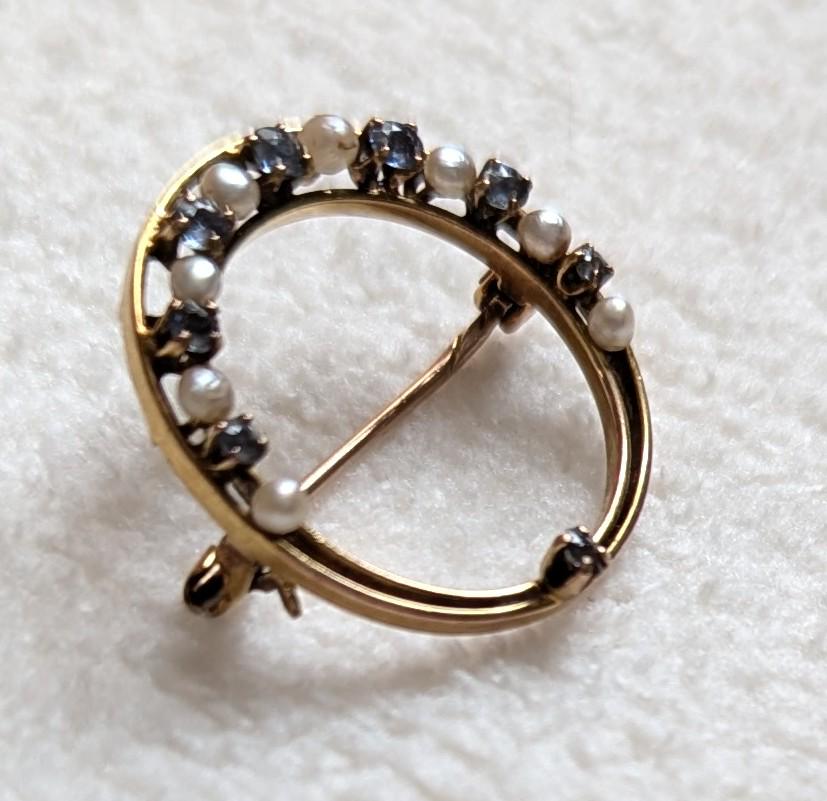 Antique Victorian 10k Gold Sapphire & Pearl Circle Brooch – Genuine 1800s Crescent Halo Pin