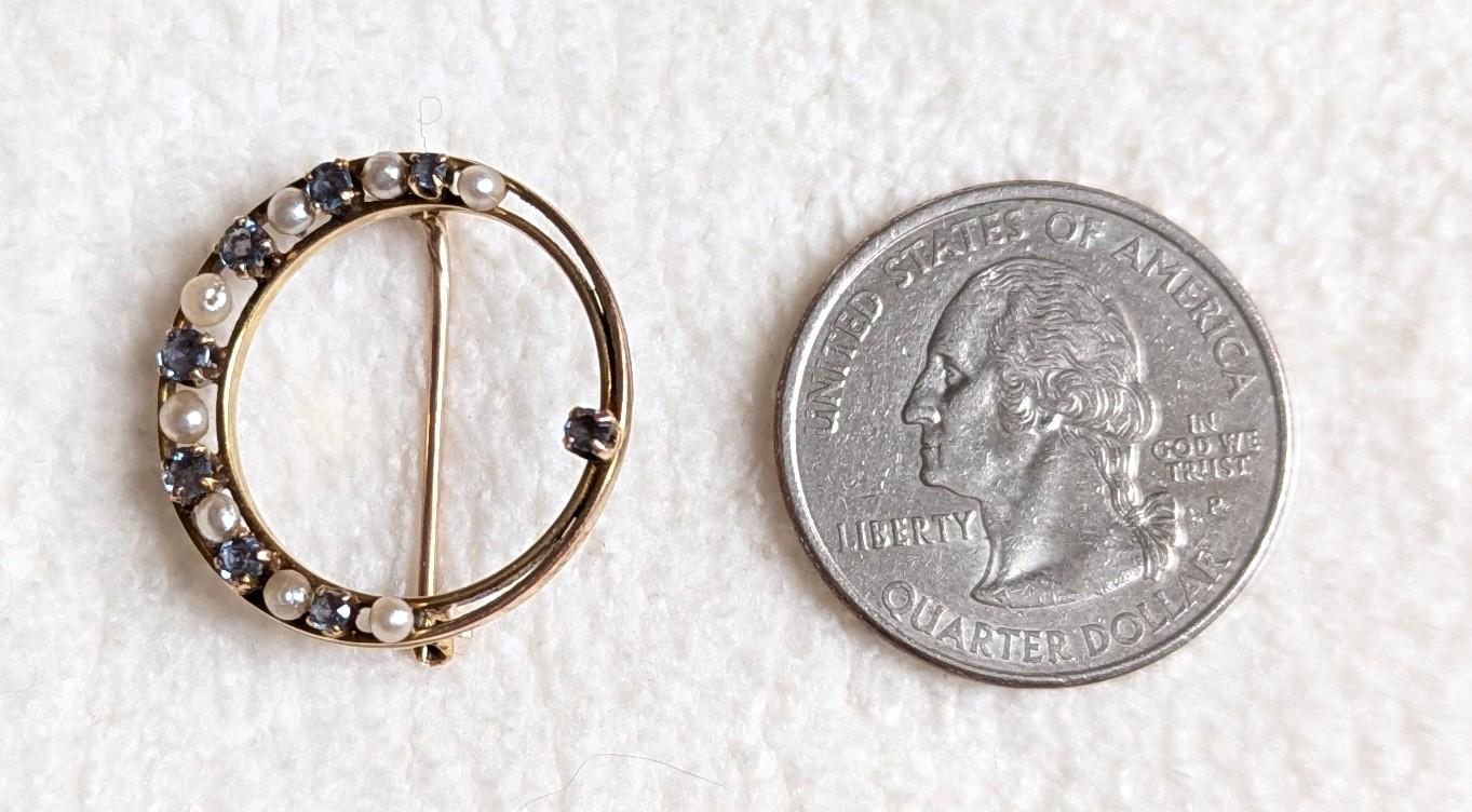 Antique Victorian 10k Gold Sapphire & Pearl Circle Brooch – Genuine 1800s Crescent Halo Pin