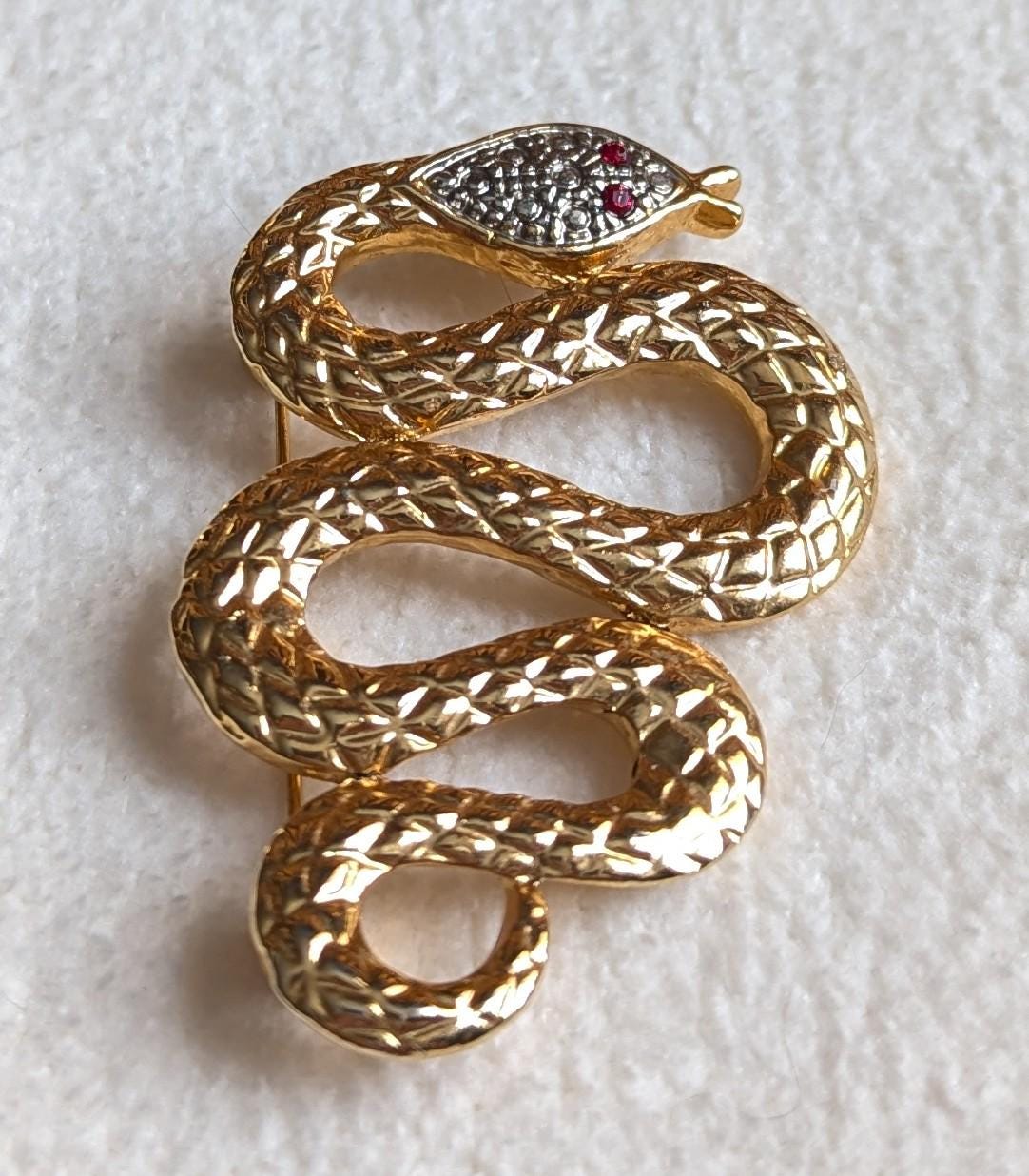 Vintage Gold Snake Brooch with Red Crystal Eyes – Coiled Serpent Statement Pin