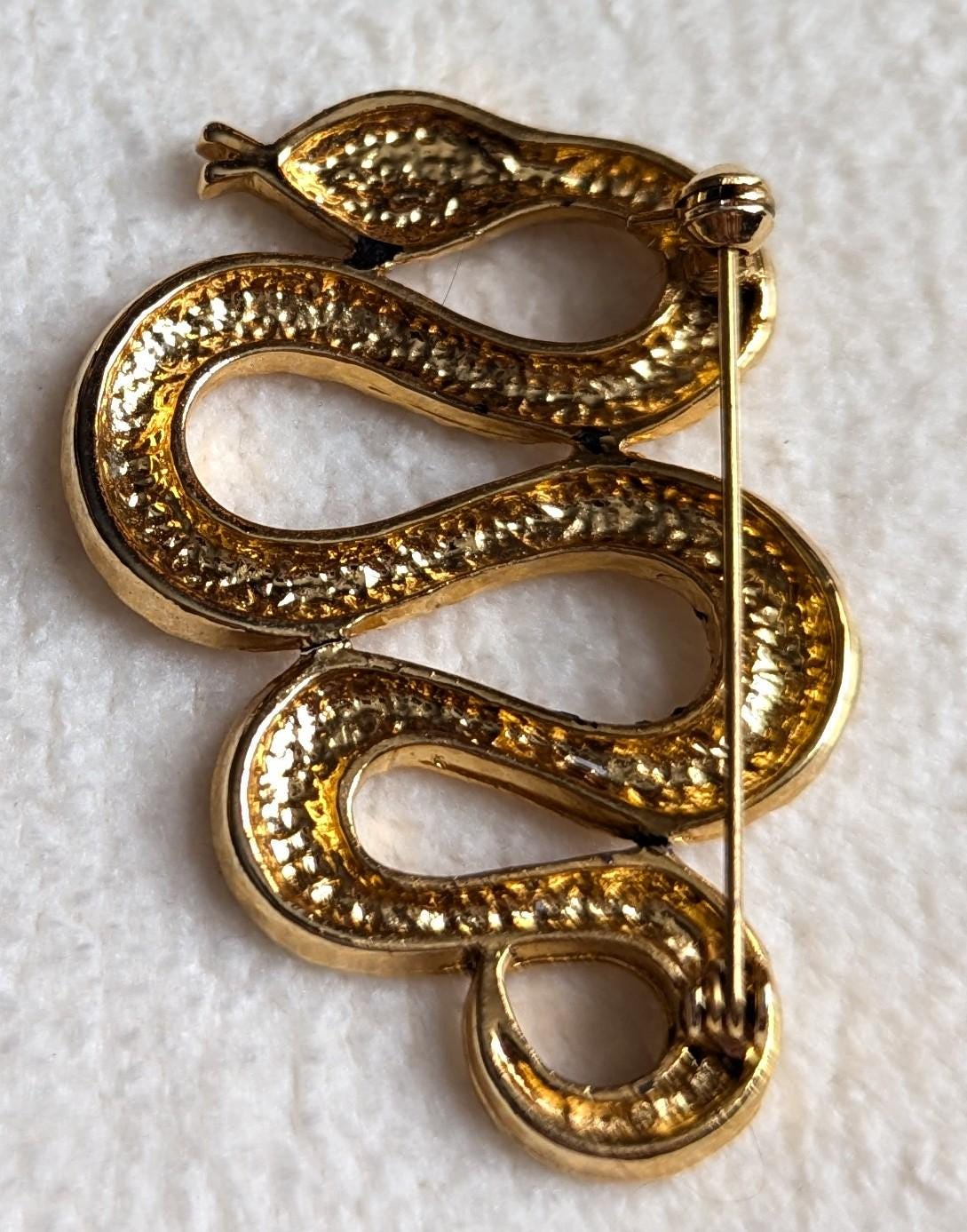 Vintage Gold Snake Brooch with Red Crystal Eyes – Coiled Serpent Statement Pin