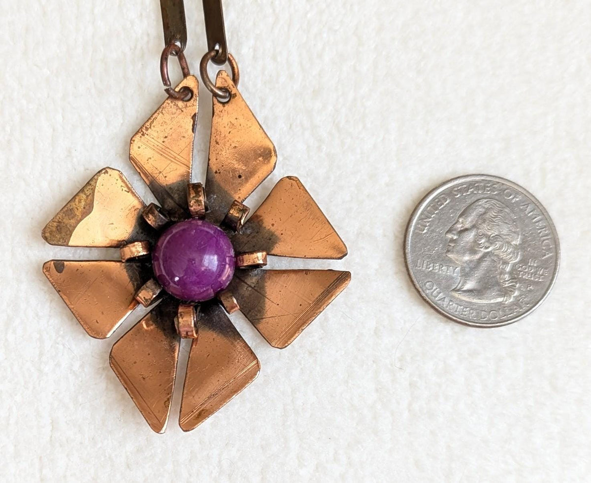 Mid Century Copper Flower Necklace – 1950s Artisan Modernist Pendant, Handcrafted Abstract Floral Statement Jewelry
