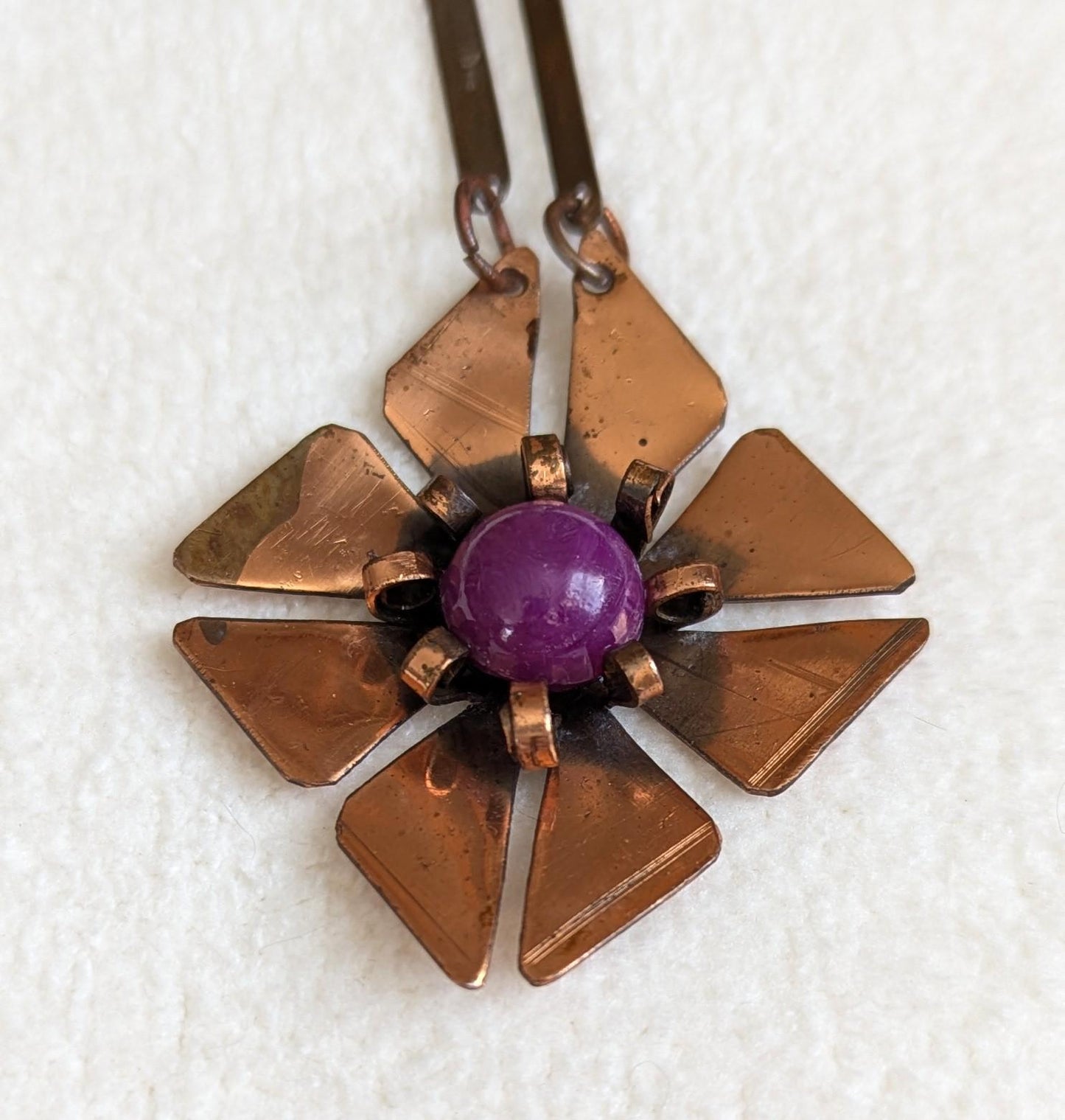 Mid Century Copper Flower Necklace – 1950s Artisan Modernist Pendant, Handcrafted Abstract Floral Statement Jewelry