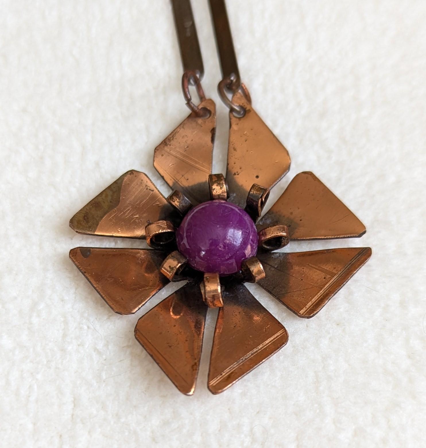 Mid Century Copper Flower Necklace – 1950s Artisan Modernist Pendant, Handcrafted Abstract Floral Statement Jewelry