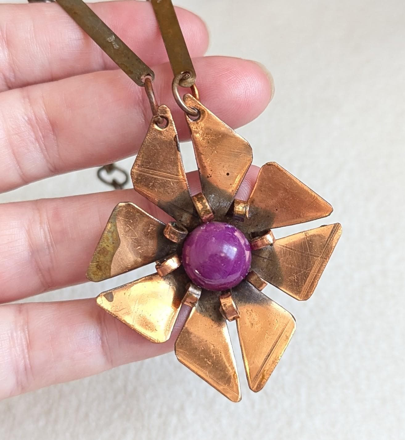 Mid Century Copper Flower Necklace – 1950s Artisan Modernist Pendant, Handcrafted Abstract Floral Statement Jewelry