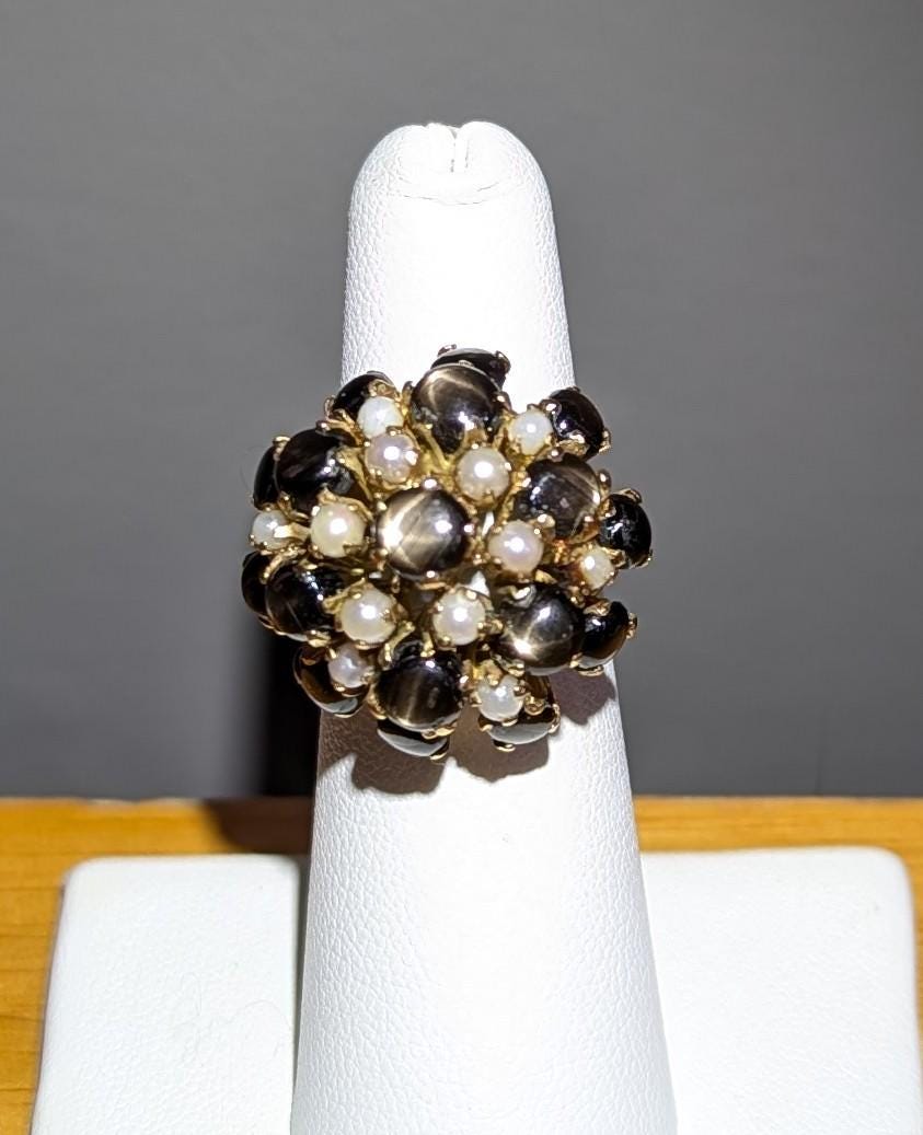 Vintage Star Sapphire Seed Pearl Cluster Ring – 14k Gold Statement Estate Jewelry
