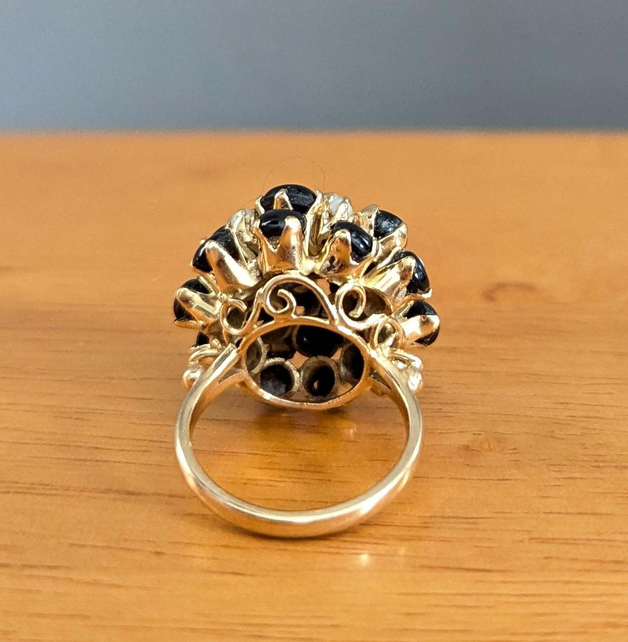 Vintage Star Sapphire Seed Pearl Cluster Ring – 14k Gold Statement Estate Jewelry