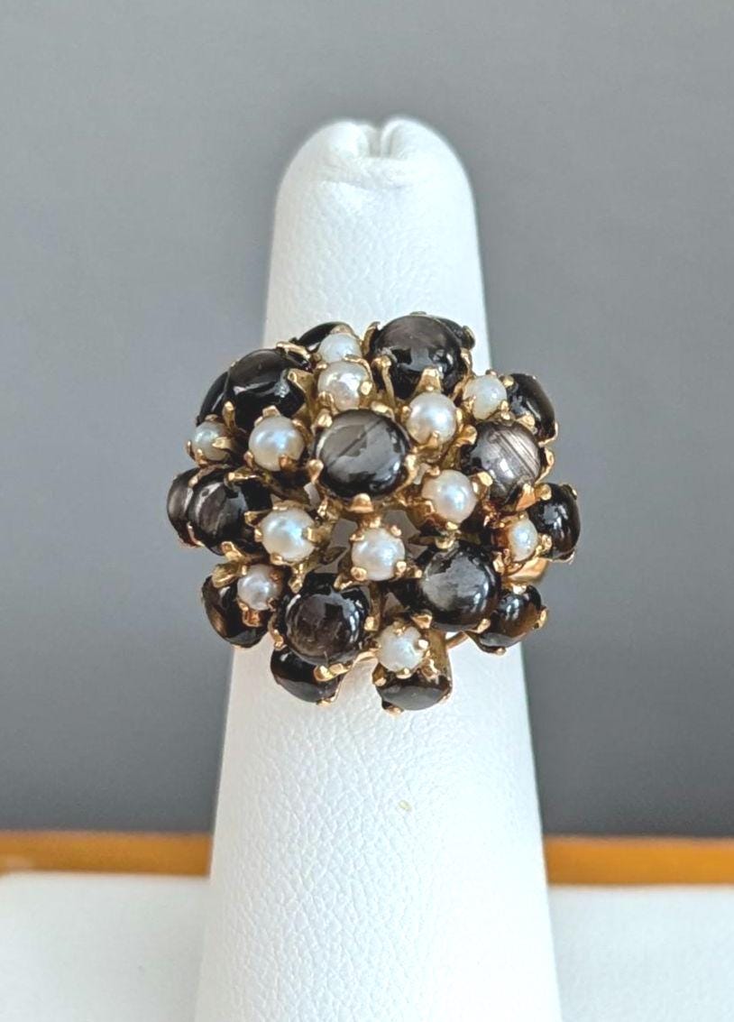 Vintage Star Sapphire Seed Pearl Cluster Ring – 14k Gold Statement Estate Jewelry