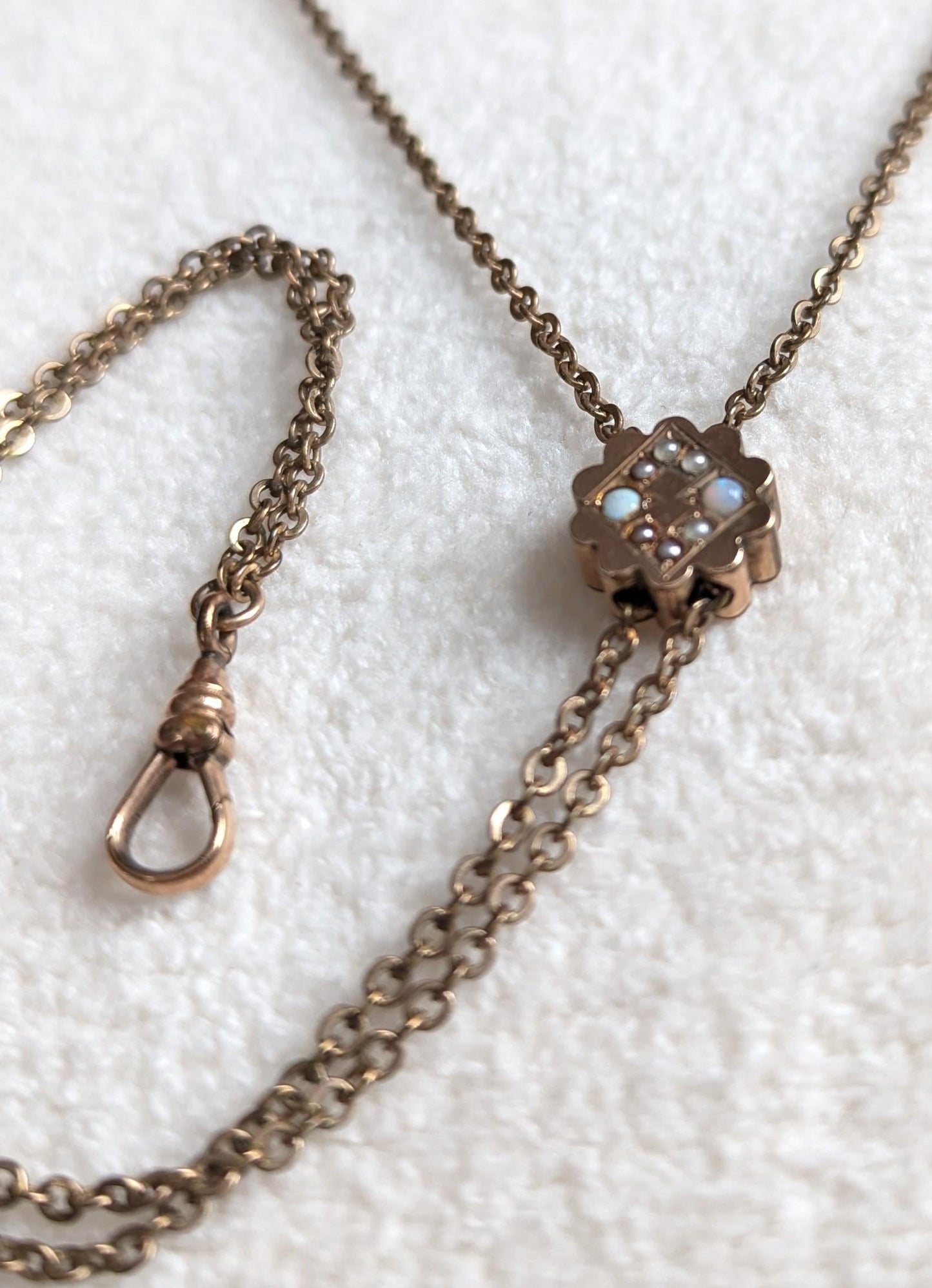 Antique Gold Filled Watch Chain Necklace | Opal Seed Pearl Slide, RCJ Co
