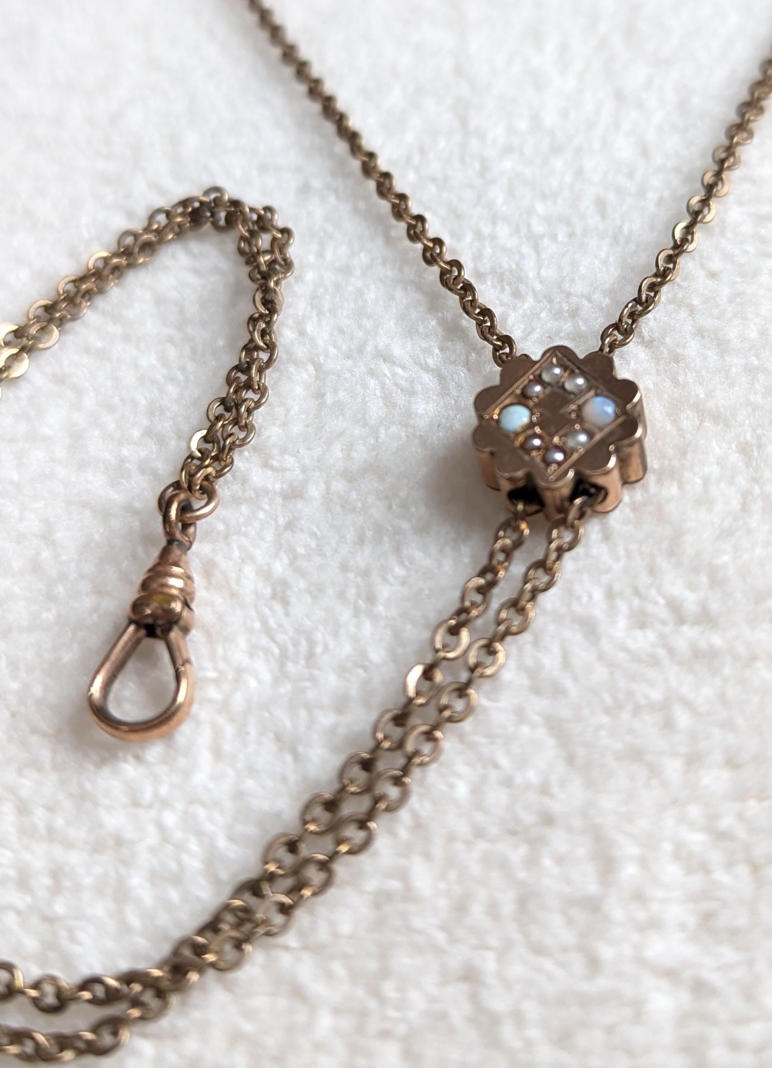 Antique Gold Filled Watch Chain Necklace | Opal Seed Pearl Slide, RCJ Co