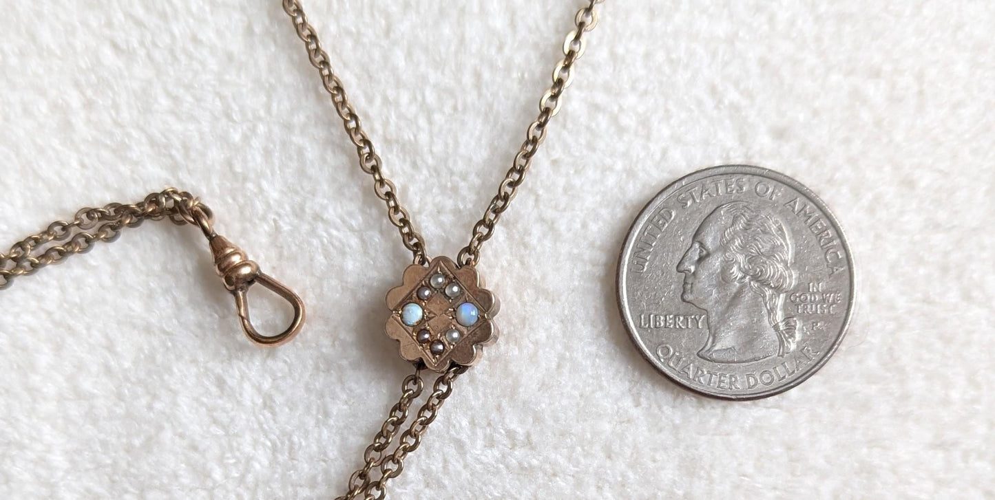 Antique Gold Filled Watch Chain Necklace | Opal Seed Pearl Slide, RCJ Co