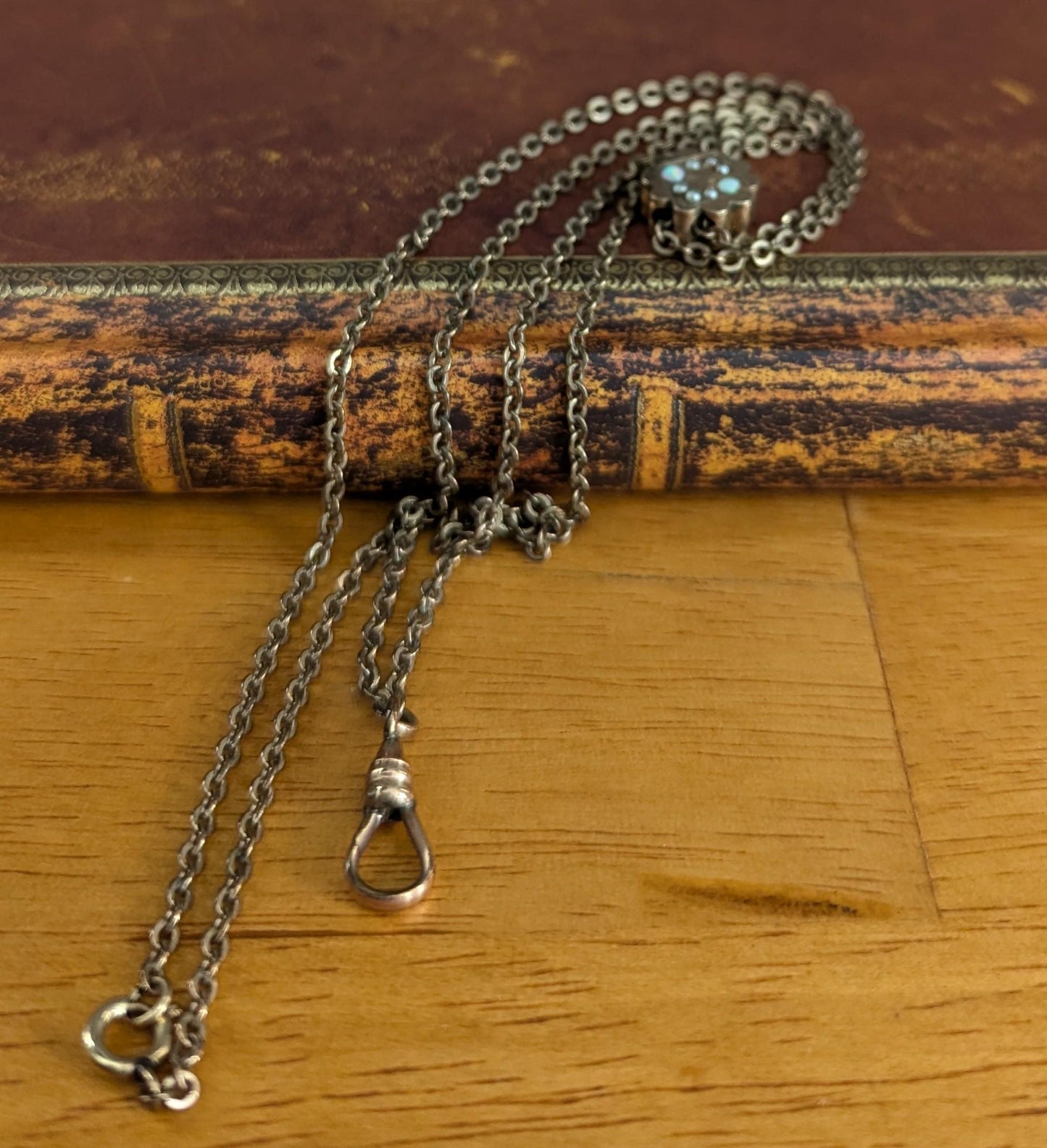 Antique Gold Filled Watch Chain Necklace | Opal Seed Pearl Slide, RCJ Co
