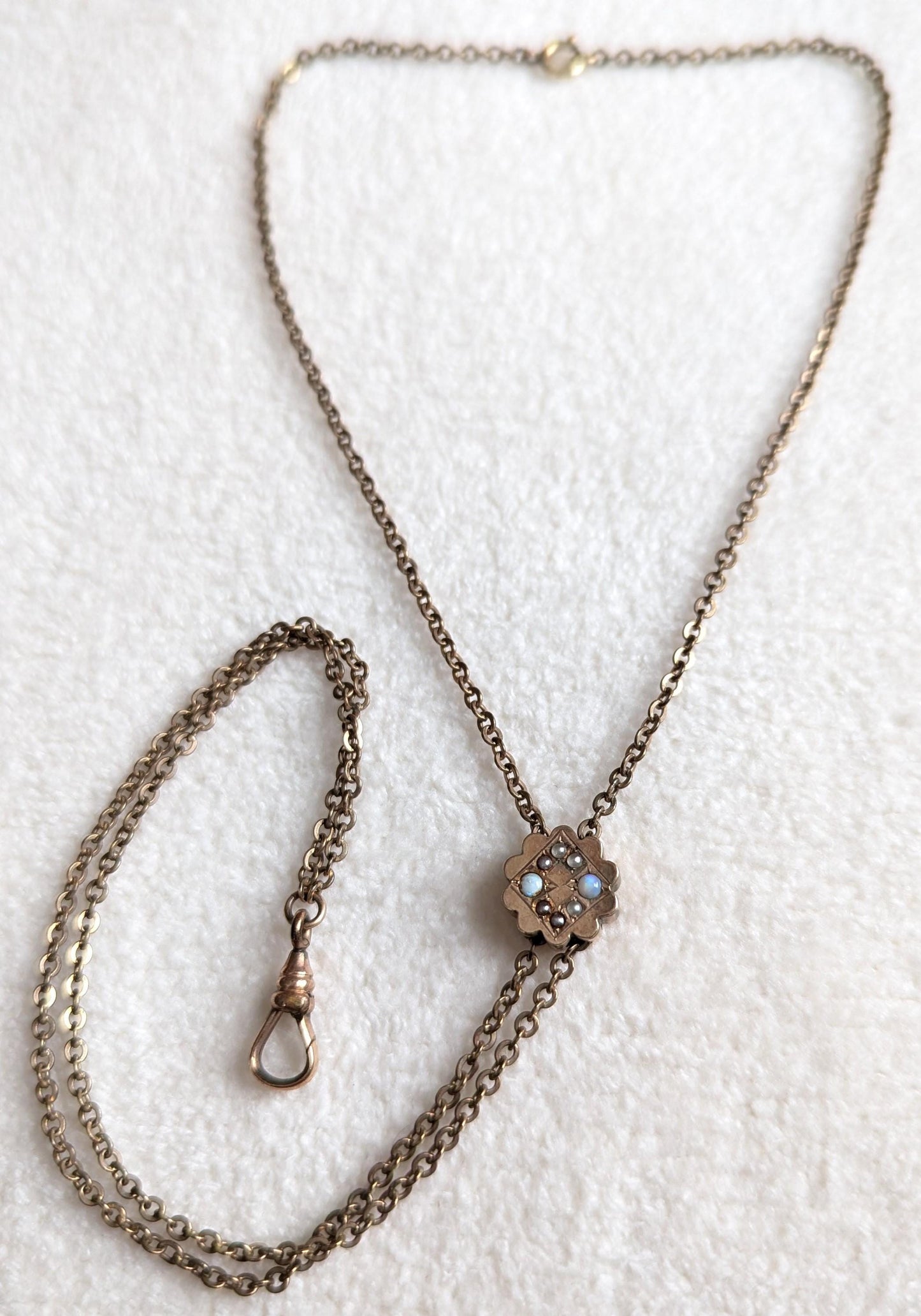 Antique Gold Filled Watch Chain Necklace | Opal Seed Pearl Slide, RCJ Co