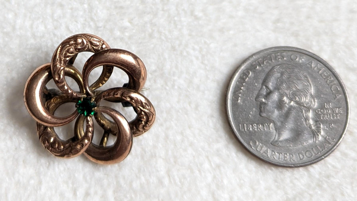 Vintage 1940s Copper Tone Floral Swirl Brooch | Green Glass Center | Art Nouveau Revival Pin