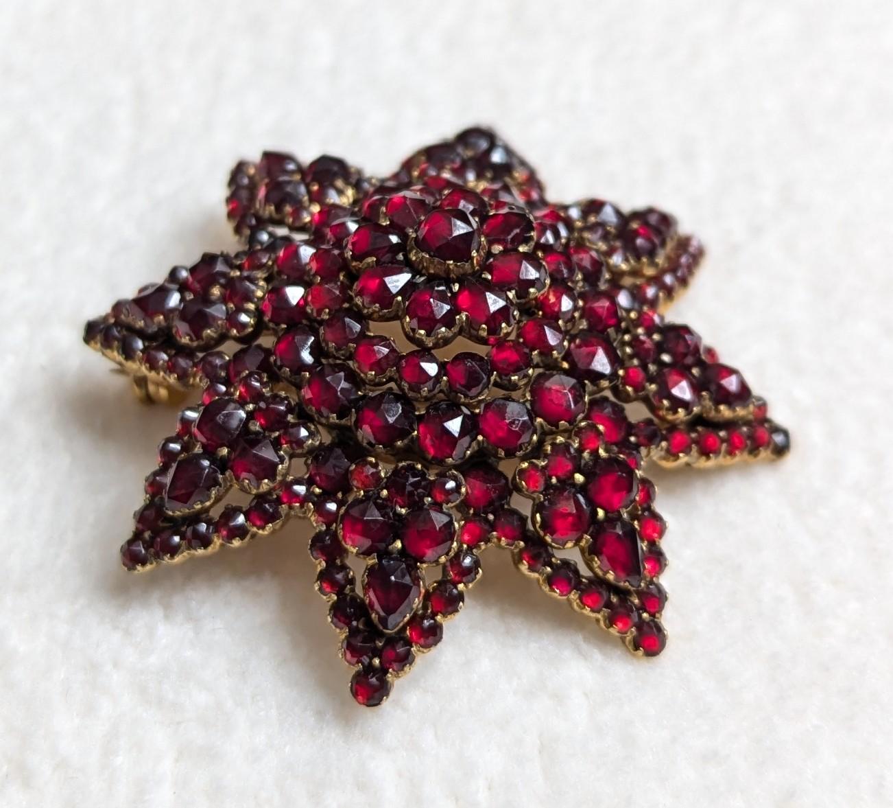 Antique Bohemian Garnet Star Brooch | Early 20th Century Victorian Revival Pin | Rose Cut Garnets