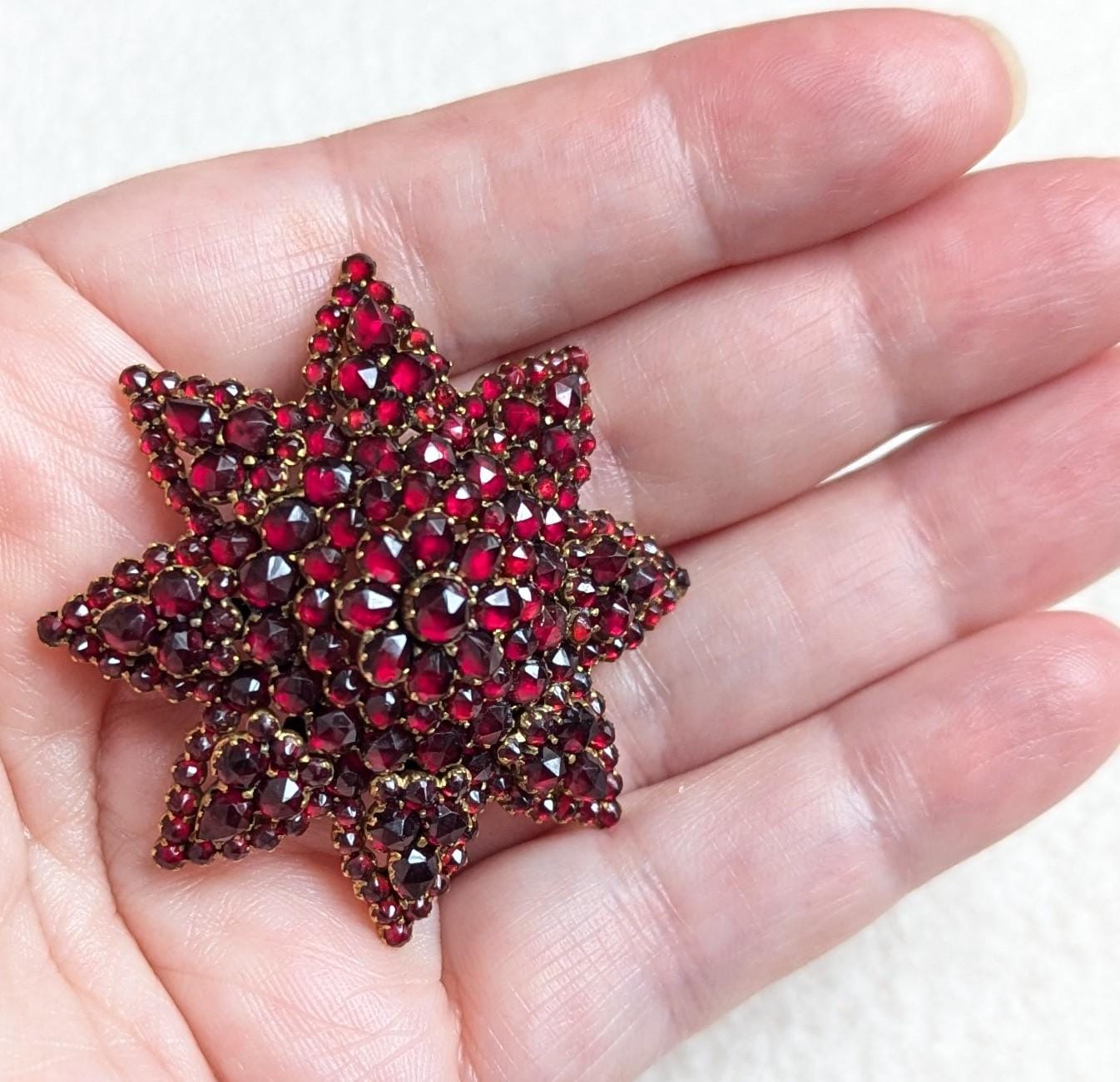 Antique Bohemian Garnet Star Brooch | Early 20th Century Victorian Revival Pin | Rose Cut Garnets