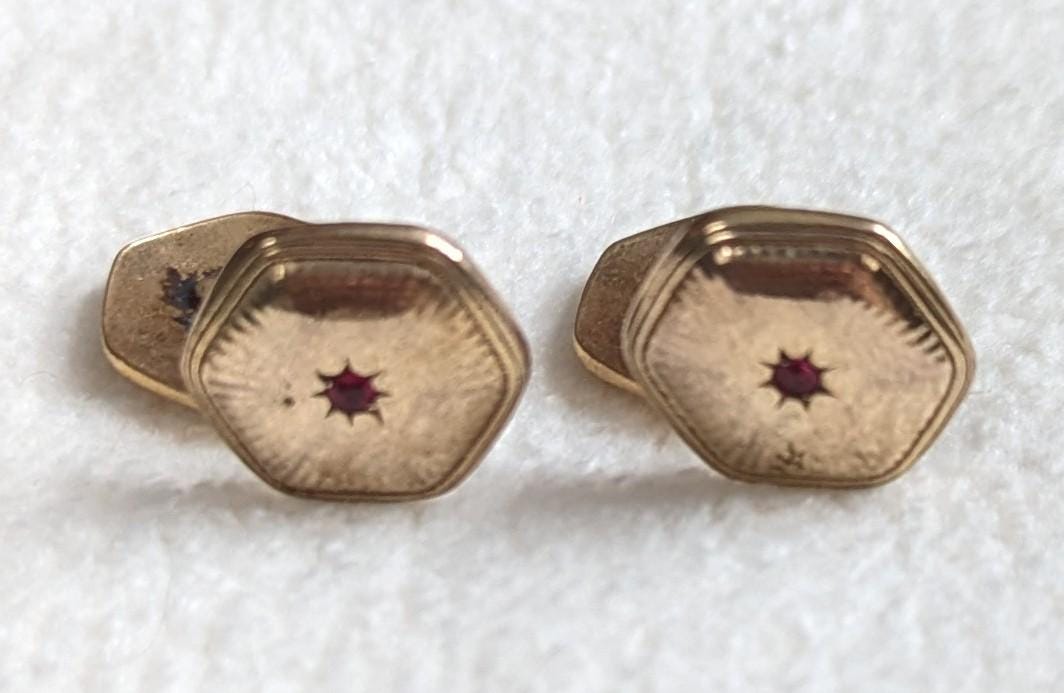 Edwardian Gold Filled Cufflinks | Star Set Red Stone, FAVO Stamped