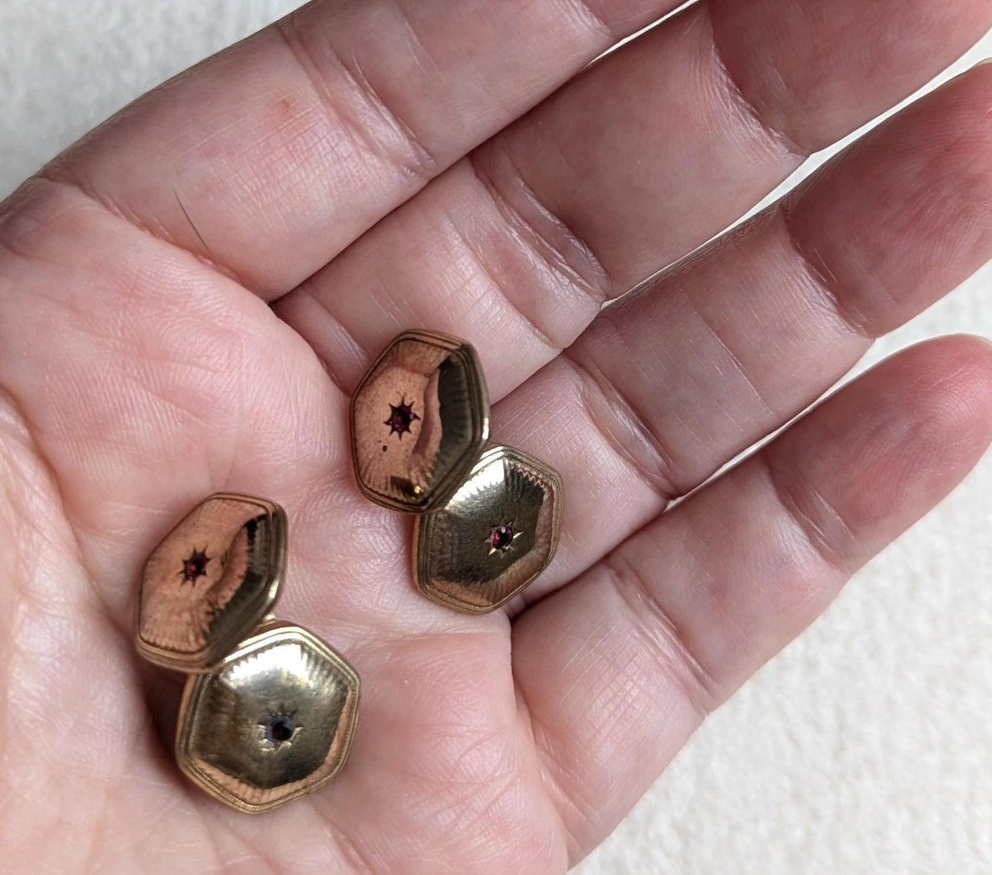 Edwardian Gold Filled Cufflinks | Star Set Red Stone, FAVO Stamped