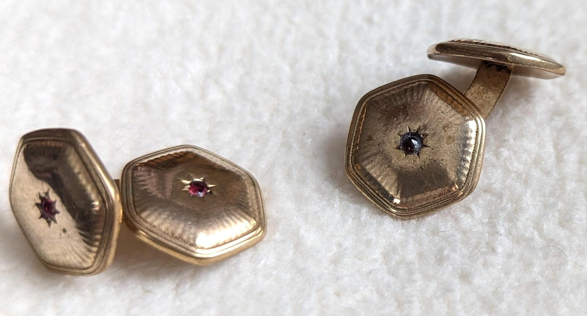 Edwardian Gold Filled Cufflinks | Star Set Red Stone, FAVO Stamped