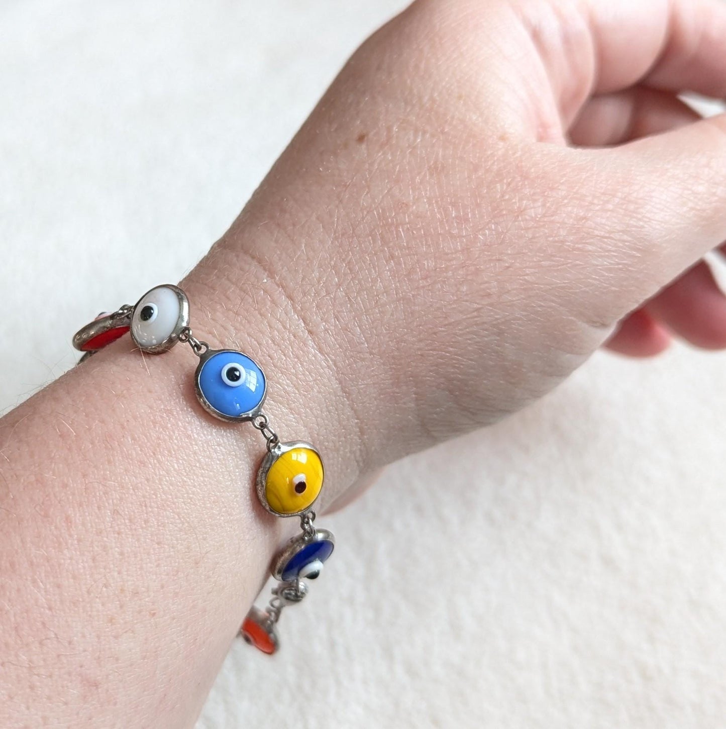 Sterling Silver Evil Eye Bracelet | Colorful Glass Nazar, Protection Jewelry