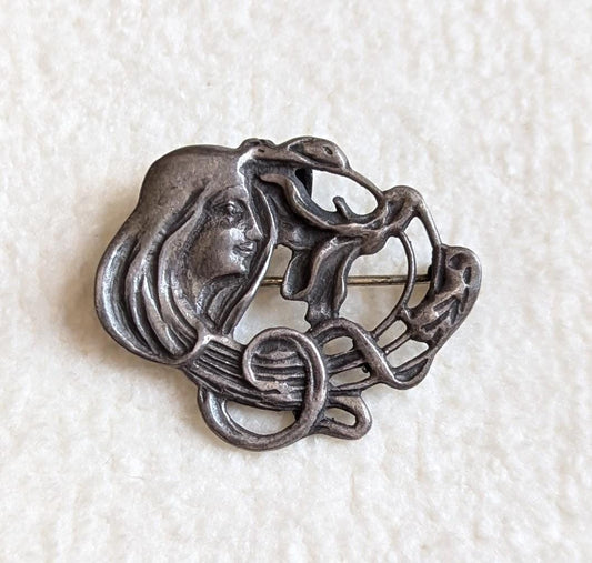 Antique Style Art Nouveau Sterling Silver Maiden Profile Brooch – 1930s Figural Woman Pin – Vintage Repoussé Silver Jewelry