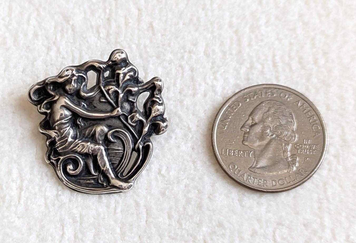 Antique Art Nouveau Sterling Silver Brooch | Repoussé Maiden, Nature Design