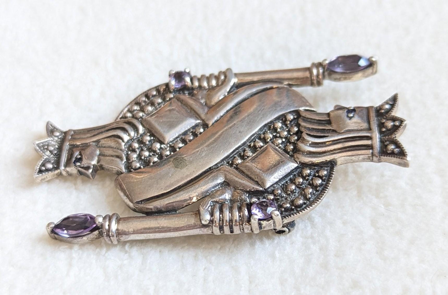 King of Diamonds Sterling Silver Brooch with Amethyst | Figural Playing Card Pin