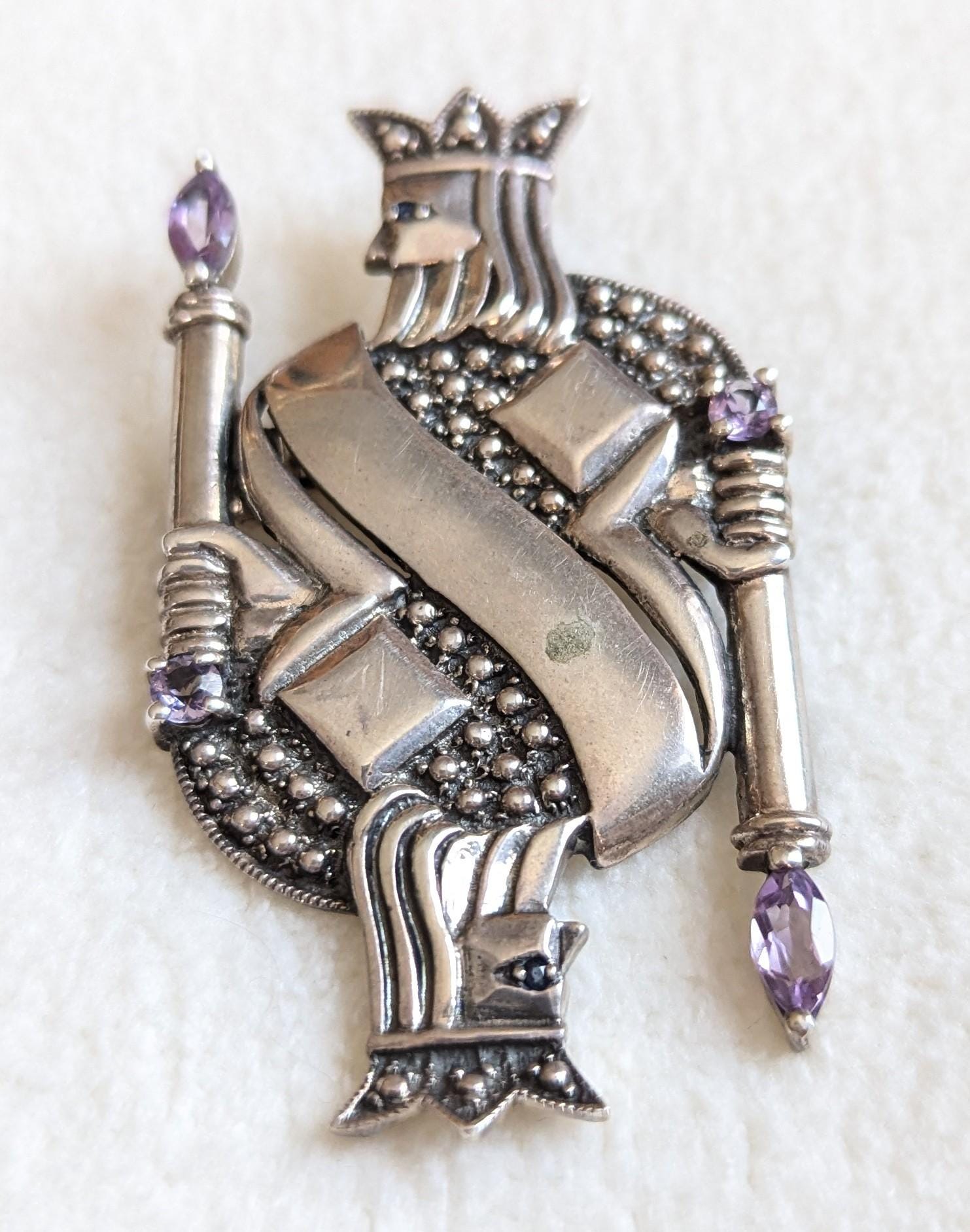 King of Diamonds Sterling Silver Brooch with Amethyst | Figural Playing Card Pin
