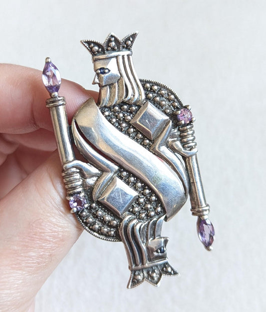 King of Diamonds Sterling Silver Brooch with Amethyst | Figural Playing Card Pin