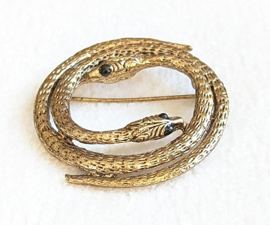 Vintage Gold Tone Double Snake Brooch | 1980s Serpent Pin with Tag