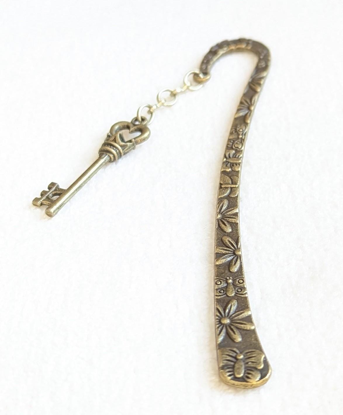 Vintage Bronze Key Bookmark | Crown & Heart Charm, Literary Gift