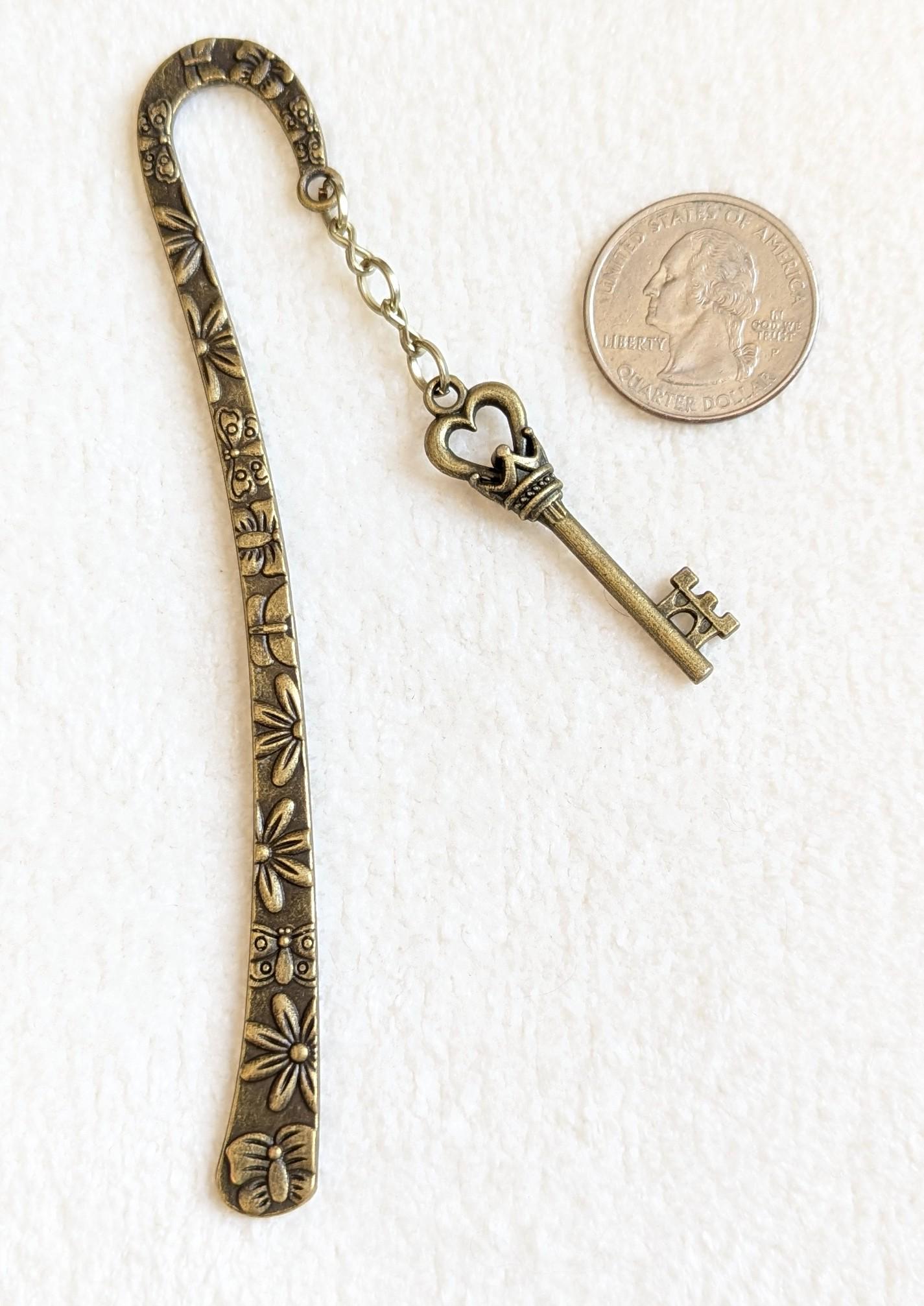 Vintage Bronze Key Bookmark | Crown & Heart Charm, Literary Gift