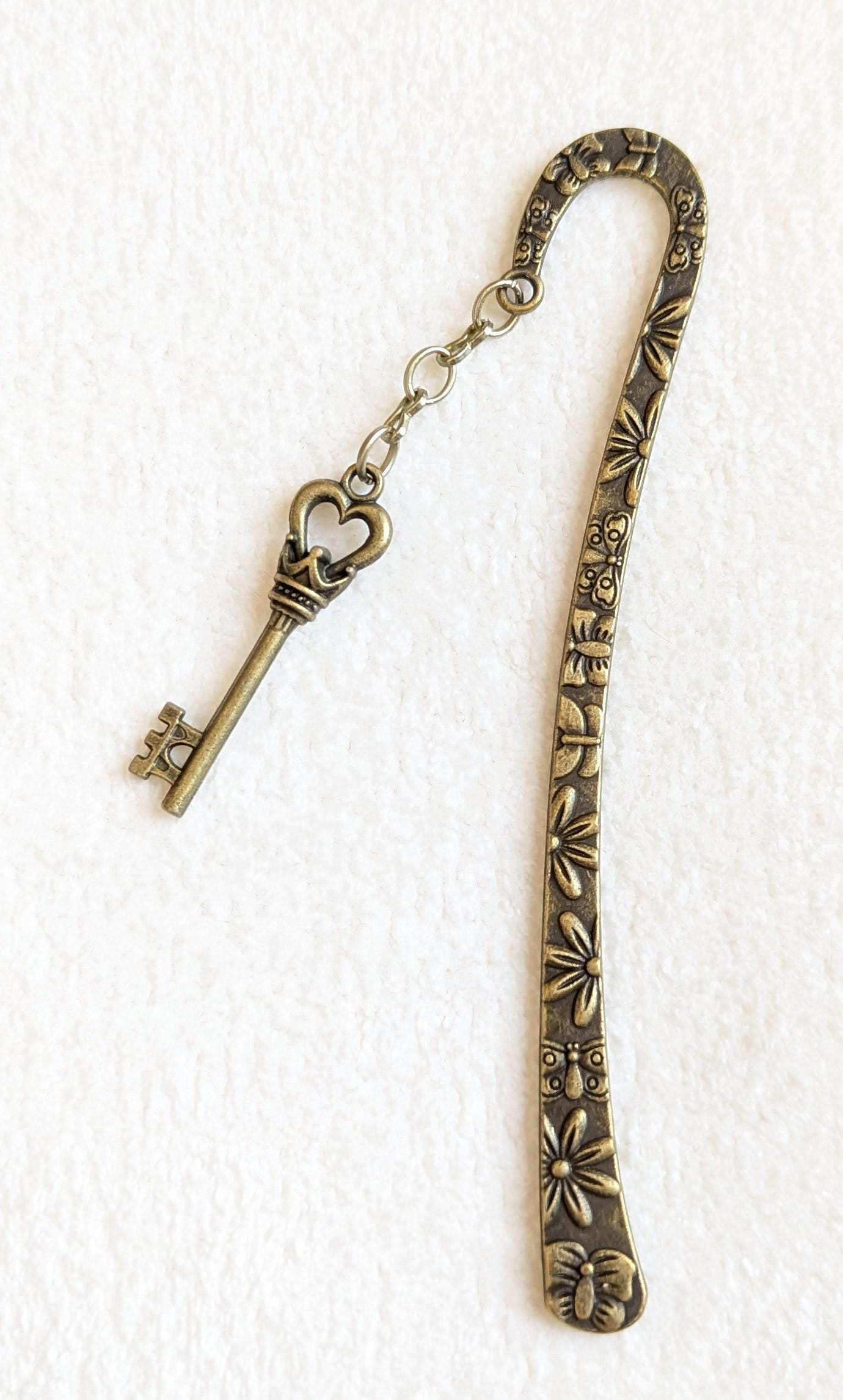 Vintage Bronze Key Bookmark | Crown & Heart Charm, Literary Gift