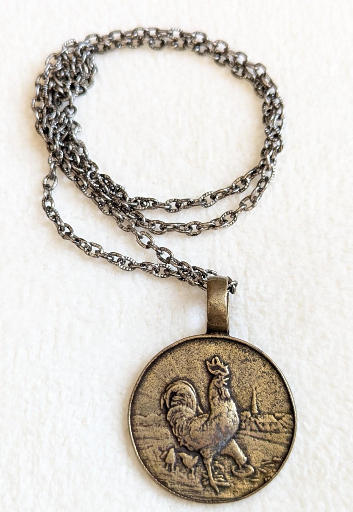 Vintage Rooster Medal Pendant Necklace | 1923 European Farm Token
