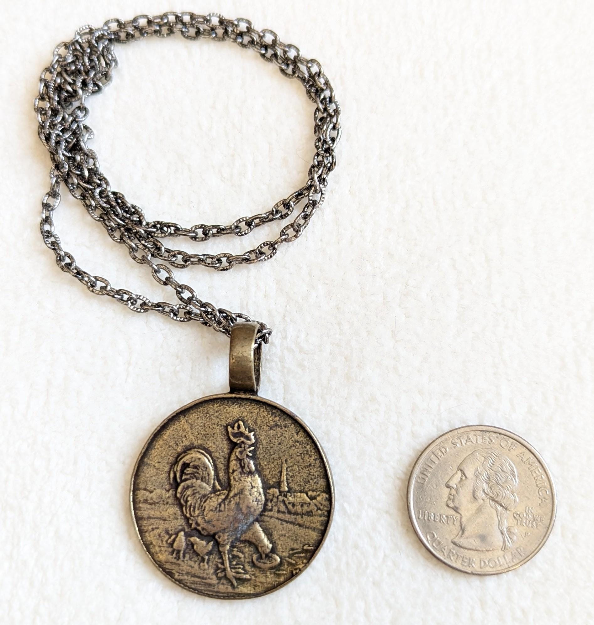 Vintage Rooster Medal Pendant Necklace | 1923 European Farm Token