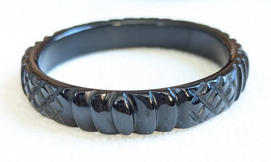 Vintage Black Carved Bakelite Bangle | Art Deco Jewelry