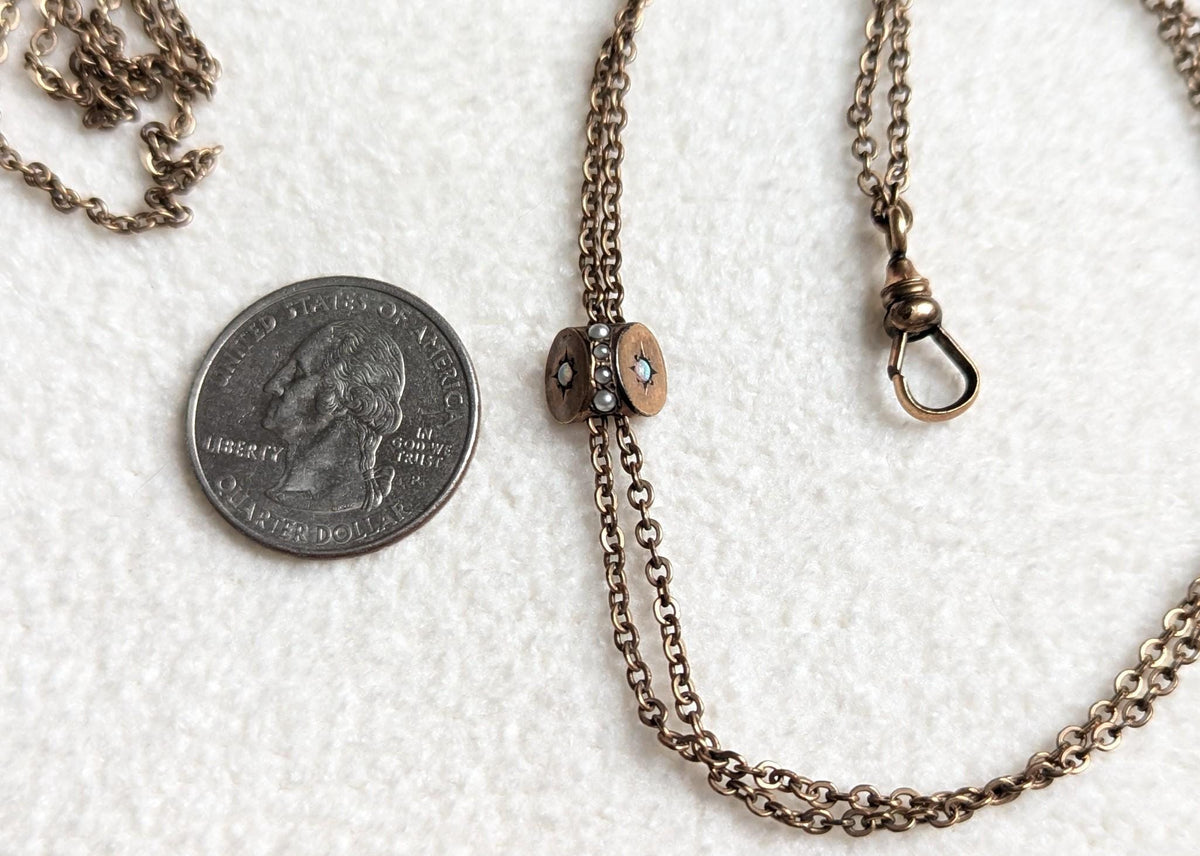 Antique Gold Filled Watch Fob Slider Necklace | Seed Pearl Opal Charm H&H Jewelry