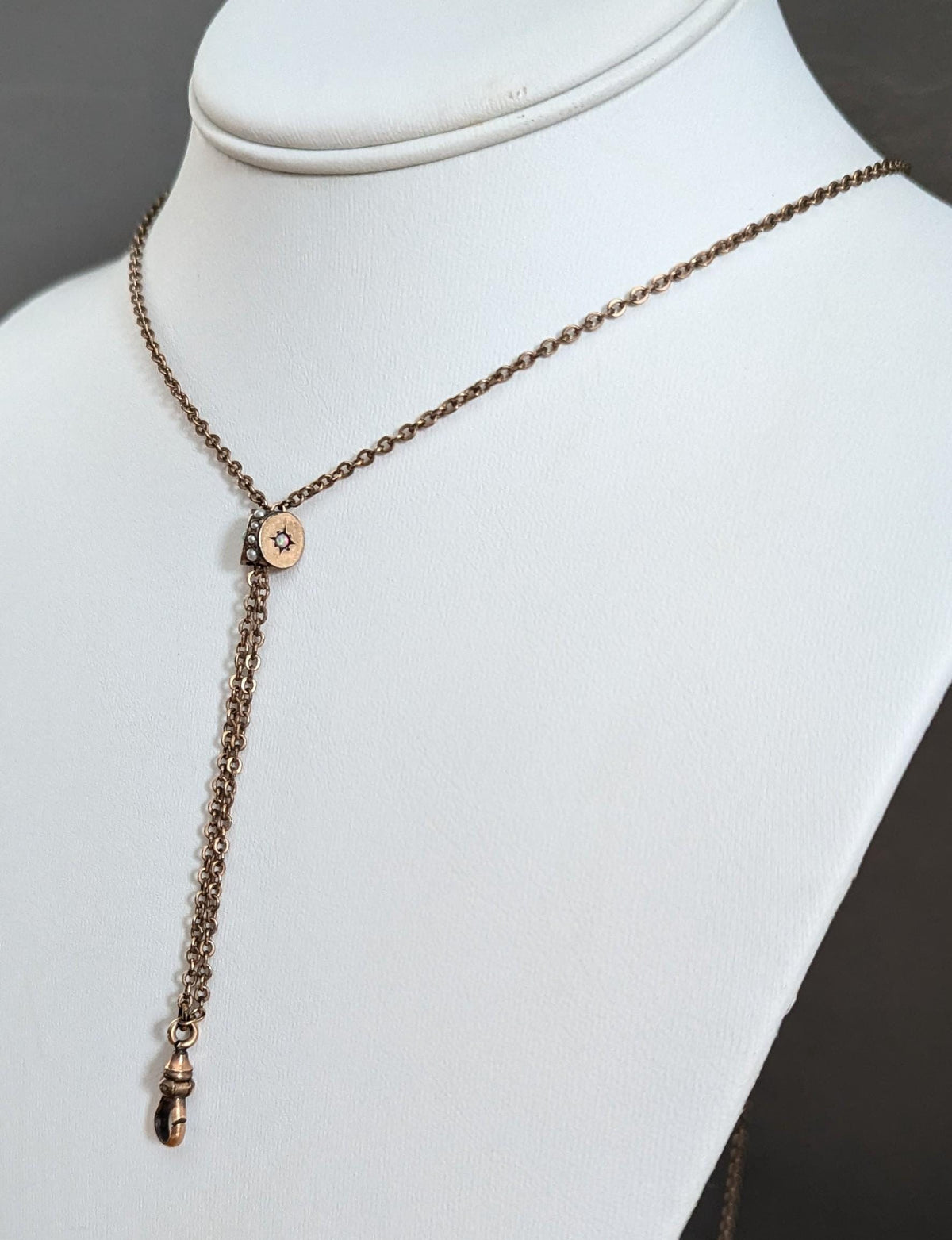 Antique Gold Filled Watch Fob Slider Necklace | Seed Pearl Opal Charm H&H Jewelry