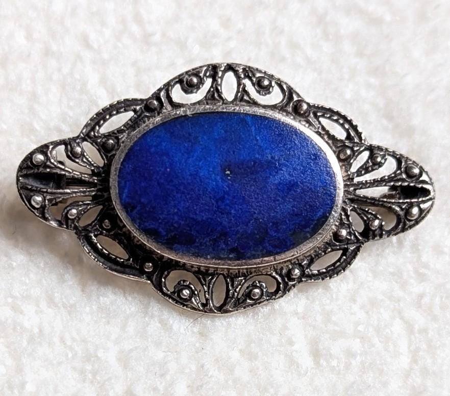 Sterling Silver Lapis Lazuli Marcasite Brooch | Art Deco Oval Pin | BOMA Jewelry