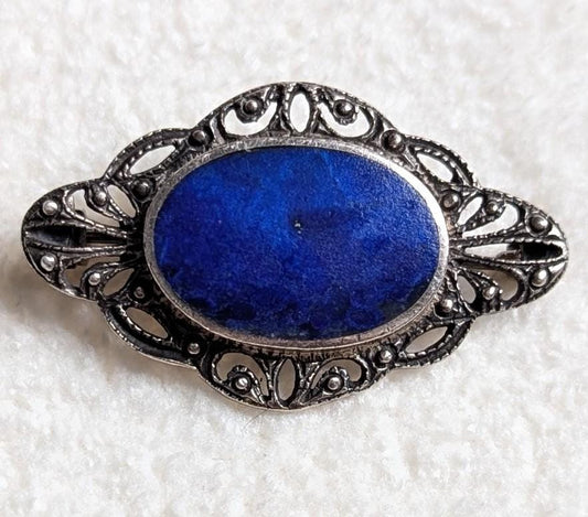 Sterling Silver Lapis Lazuli Marcasite Brooch | Art Deco Oval Pin | BOMA Jewelry