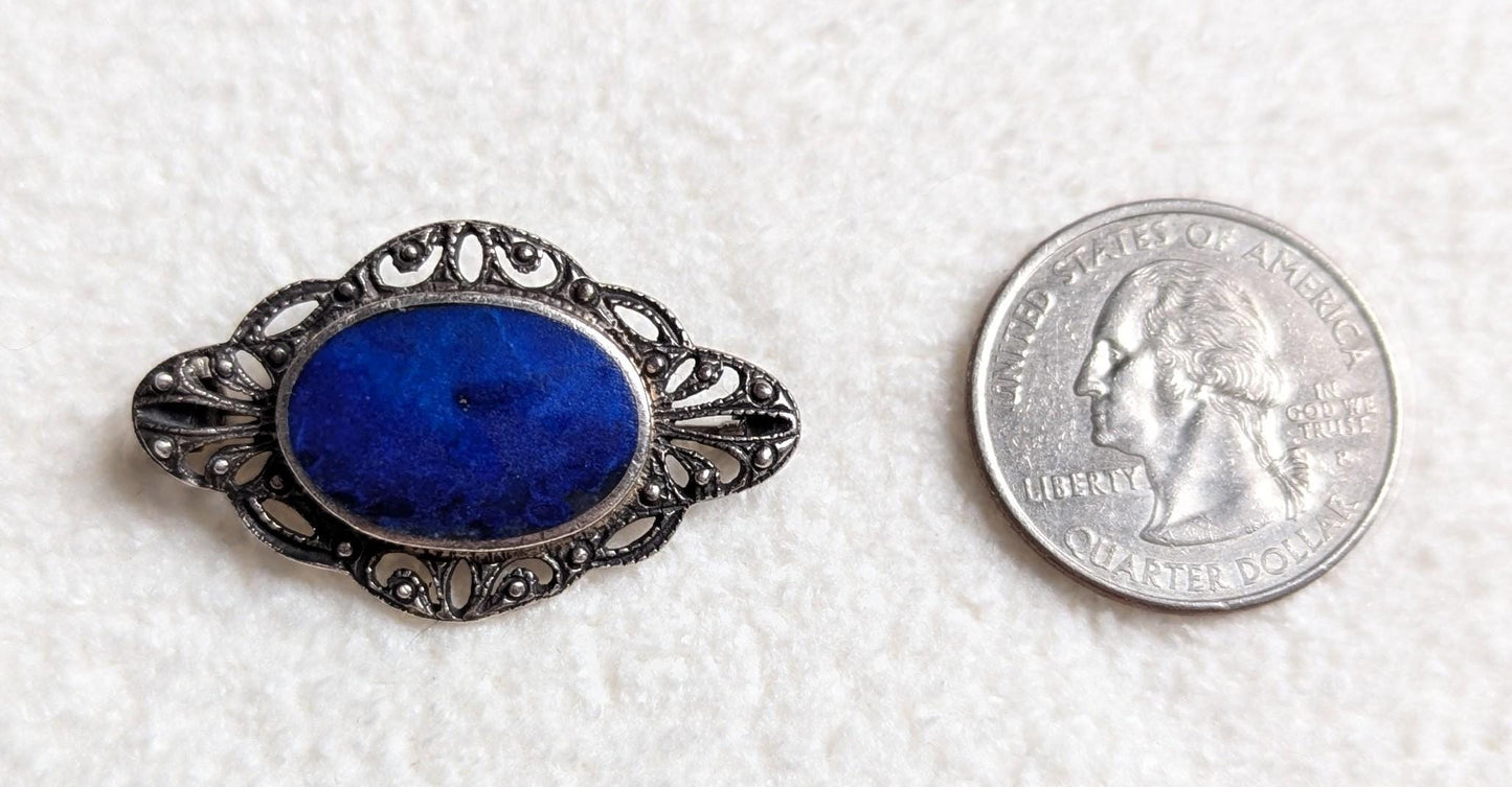 Sterling Silver Lapis Lazuli Marcasite Brooch | Art Deco Oval Pin | BOMA Jewelry