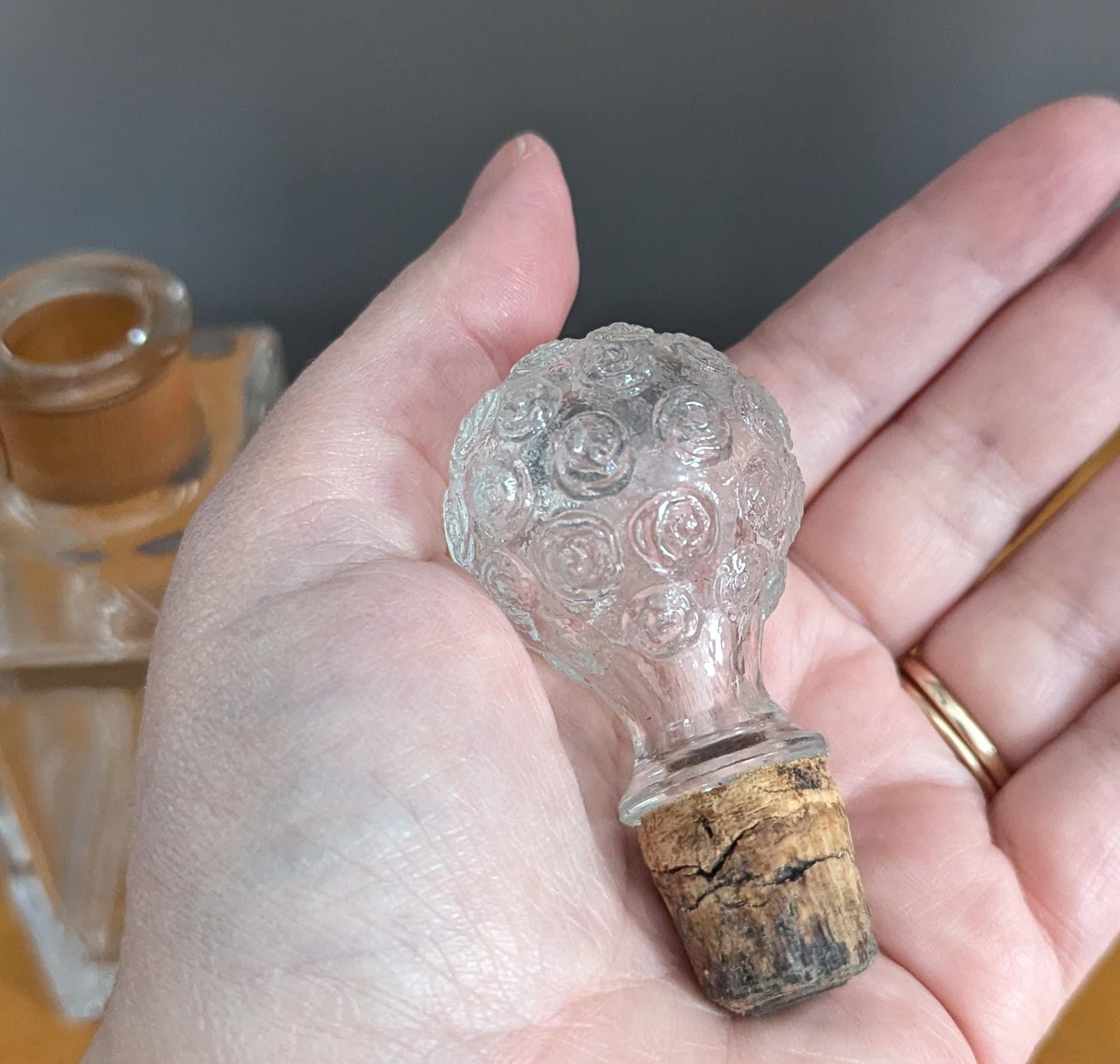 Vintage Glass Perfume Bottle – Rosette Stopper, Mid Century Vanity Decor