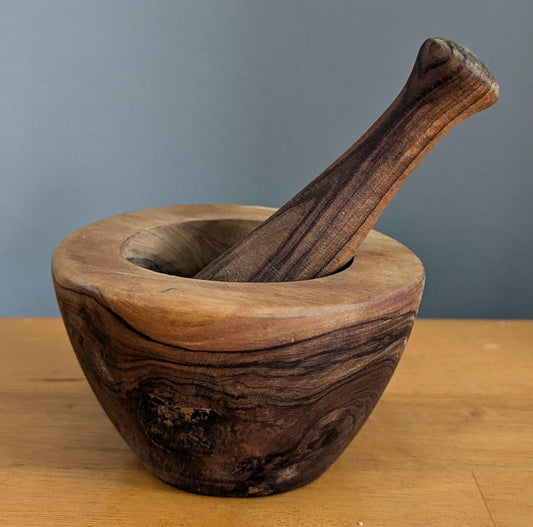 Vintage Olive Wood Mortar & Pestle | Hand-Turned Rustic Kitchen Tool