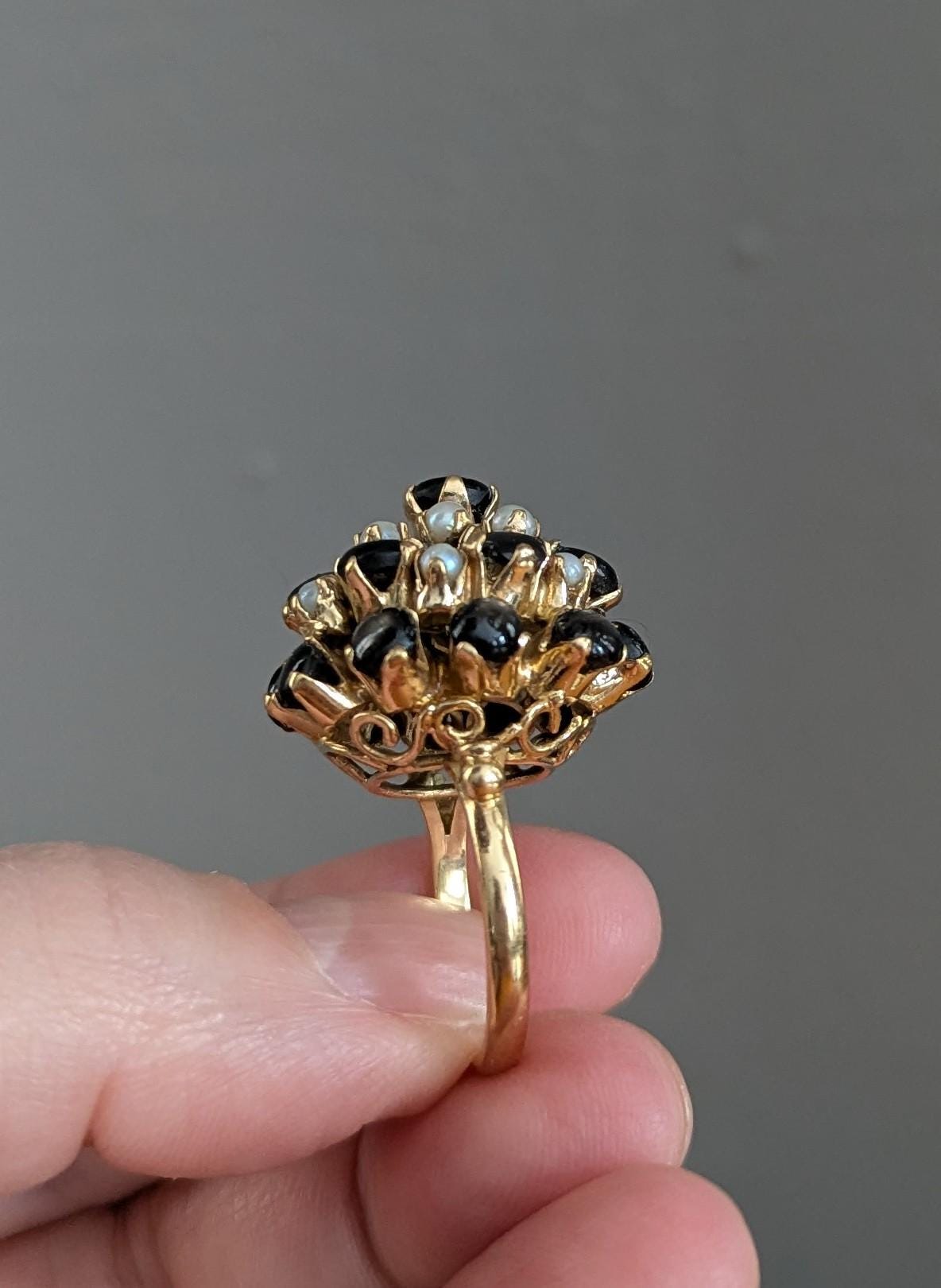 Vintage Star Sapphire Seed Pearl Cluster Ring – 14k Gold Statement Estate Jewelry