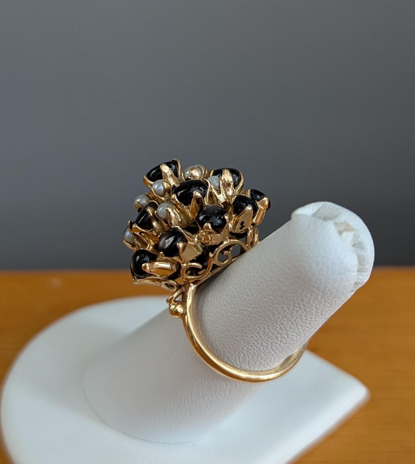 Vintage Star Sapphire Seed Pearl Cluster Ring – 14k Gold Statement Estate Jewelry
