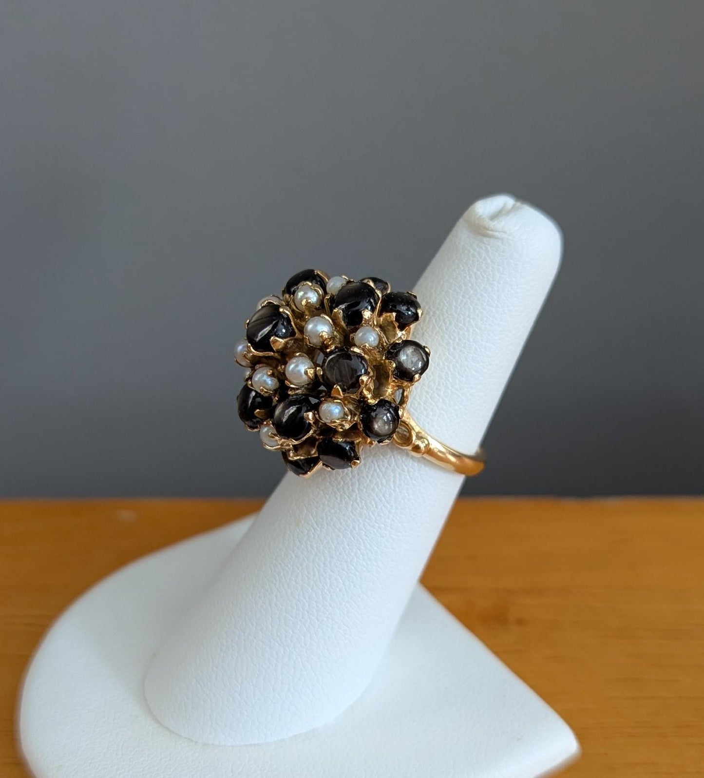 Vintage Star Sapphire Seed Pearl Cluster Ring – 14k Gold Statement Estate Jewelry