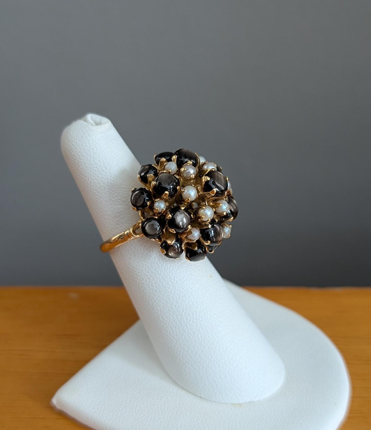 Vintage Star Sapphire Seed Pearl Cluster Ring – 14k Gold Statement Estate Jewelry