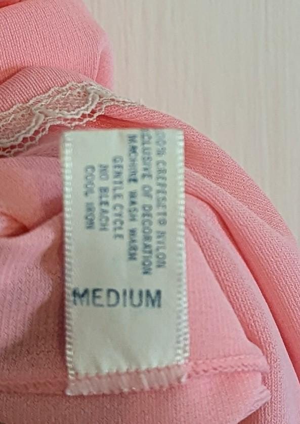 Vintage Kayser Pink Nylon Nightgown Lace Yoke Ribbon Trim Romantic Lingerie Gown Size M