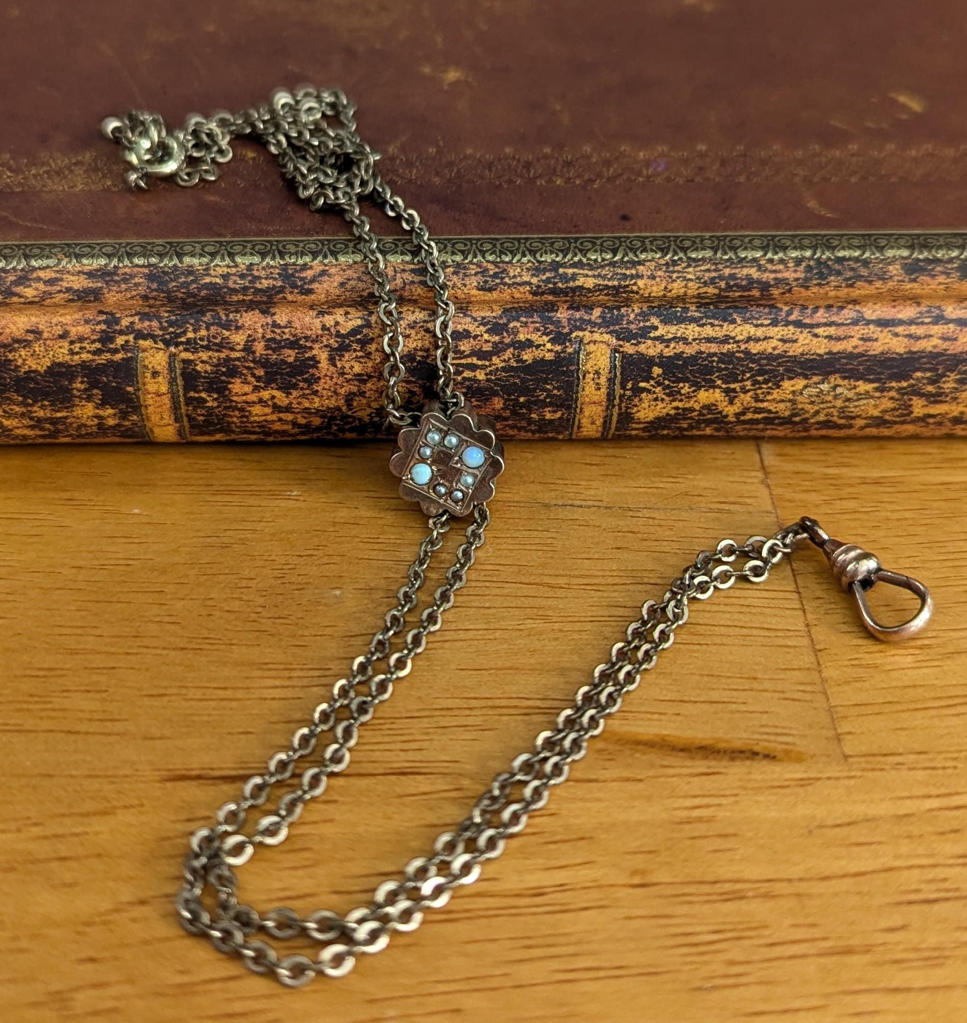 Antique Gold Filled Watch Chain Necklace | Opal Seed Pearl Slide, RCJ Co