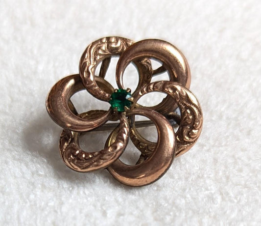 Vintage 1940s Copper Tone Floral Swirl Brooch | Green Glass Center | Art Nouveau Revival Pin