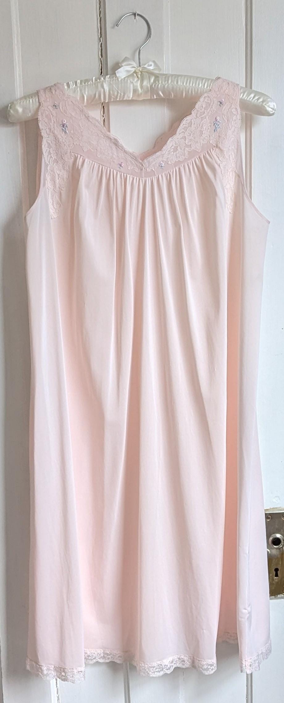 Vintage Shadowline Nylon Nightgown: Pastel Pink Lace Yoke Floral Embroidery
